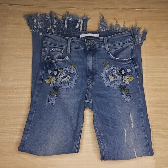 Zara Trafaluc Denimwear Floral Boho Embroidered Fringe Hem Jeans 2 - Picture 1 of 9